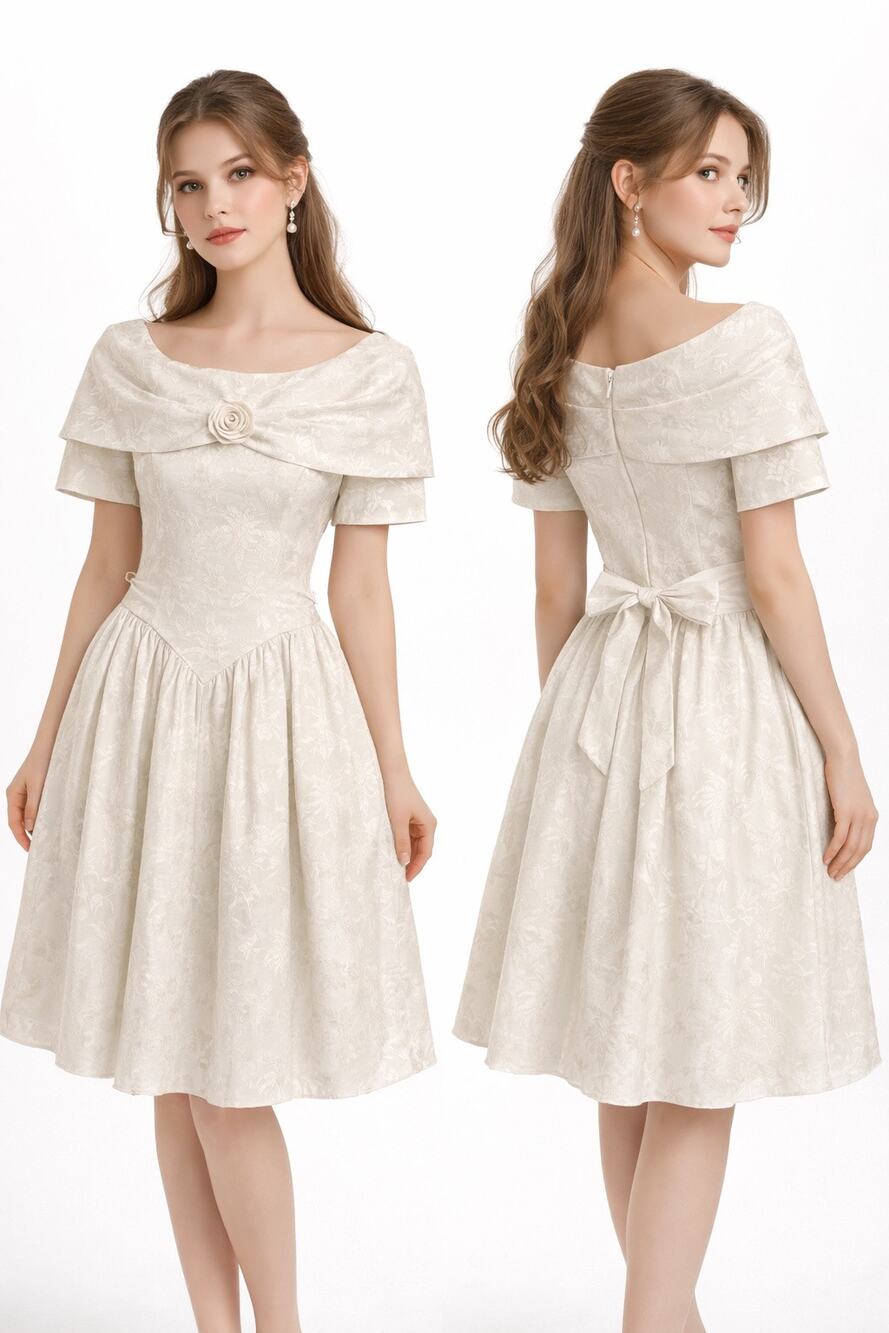 Vintage 1980's D.B.Y White Jacquard Portrait Collar Dress Rosette size small